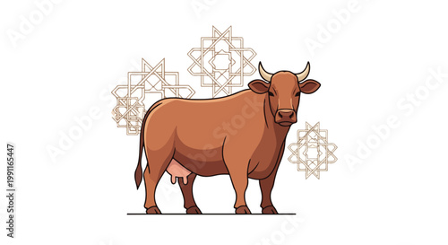 Eid Al Adha celebration with a brown cow and traditional Islamic geometric patterns