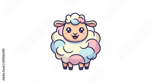 Cute cartoon sheep with pastel colored wool celebrating Eid Al Adha, perfect for festive greetings and Islamic holidays