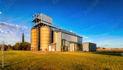 Grain Elevator on a Sunny Day in Rural Landscape.