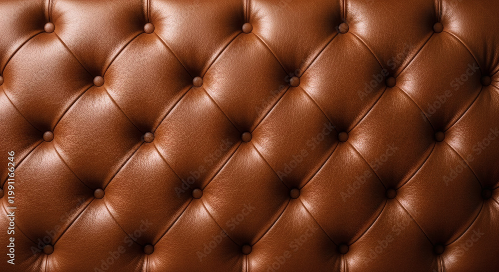 Fototapeta premium A detail of luxurious brown tufted leather upholstery with deep buttoning creating a classic and elegant textured background perfect for interior design themes and vintage furniture inspiration.