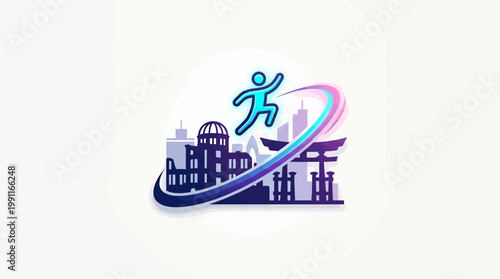 Dynamic Illustration of a Person Leaping Over City Buildings.