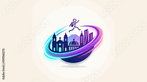 Dynamic illustration of a person running around a city skyline, vibrant design.