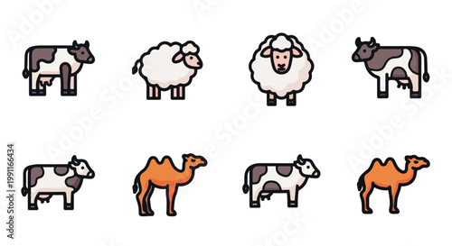 Eid Al Adha collection of farm animals including cows sheep and camels in a simple flat icon style
