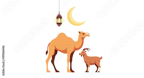 Eid Al Adha celebration with camel and goat under crescent moon and lantern illustration