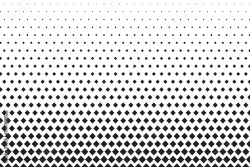 Repeating diamond shapes pattern. Black rhombus on white background with vanishing gradation effect. Geometric mosaic texture. Rhombic particles print. Minimalist design. Vector graphic illustration