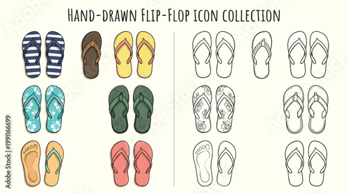 Collection of Hand-Drawn Flip-Flop Icons in Various Styles and Colors.