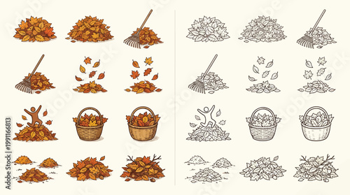 Collection of illustrations depicting piles of autumn leaves, rakes, baskets, and a stylized figure celebrating amidst foliage.