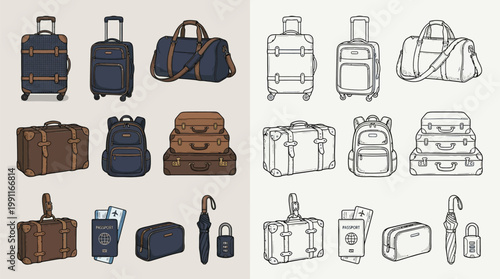 Collection of various luggage and travel accessories, including suitcases, duffel bags, backpacks, briefcases, passports, and umbrellas, presented in both colored and line art styles.