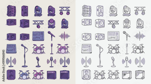 Collection of hand-drawn icons representing audio equipment, musical instruments, and stage lighting for concerts and events.