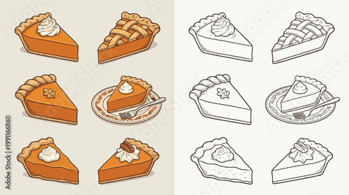 Collection of delicious pumpkin and apple pie slices, some with whipped cream and nuts, presented in a colorful and a sketch style.