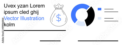 Data analysis, financial planning, business reports, monetary statistics, corporate management, research tools. Money bag, pie chart textual elements. Financial planning and data analysis concept