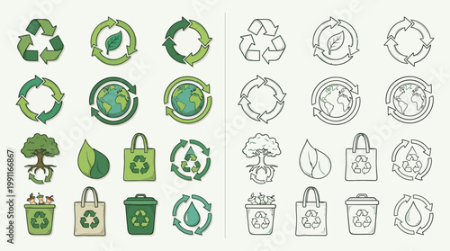 Collection of eco-friendly icons representing recycling, sustainability, and environmental protection, including recycling symbols, trees, and reusable bags.