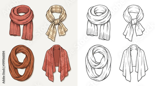 A collection of eight illustrations of various scarves and shawls, presented in both color and line art styles.