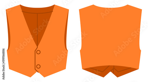 Orange minimal vest with button closure and fitted waist silhouette with clean shaping seams and simple construction lines. Technical fashion illustration in flat color, front and back views. Vector