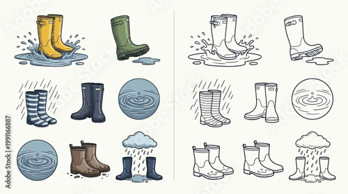 Collection of colorful and line-art illustrations of various rubber boots and rain-related elements, including puddles, raindrops, and clouds.
