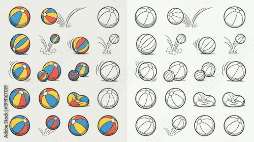 Collection of colorful beach balls and sketches of balls in various states of motion and rest.