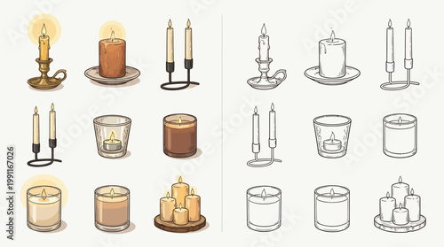 Collection of various types of candles, including pillar candles, taper candles, and votive candles, presented in both colored and outline styles.