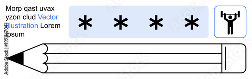 Communication, creativity, education, conceptual design, teamwork, visual storytelling. Features a pencil, asterisk icons and a figure lifting weights. Creativity and communication concept