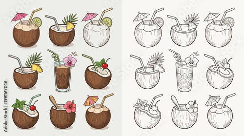 A collection of hand-drawn tropical cocktails, including coconut drinks and other refreshing beverages, presented in both color and black and white line art.