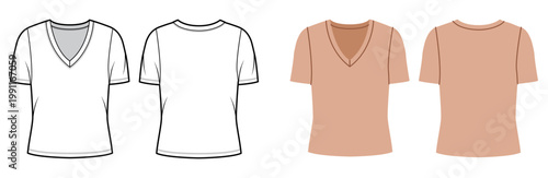 Short sleeve V neck top oversized silhouette, clean construction lines and smooth shaping, minimal structure suitable everyday wear. Technical fashion illustration in black and white color, front back