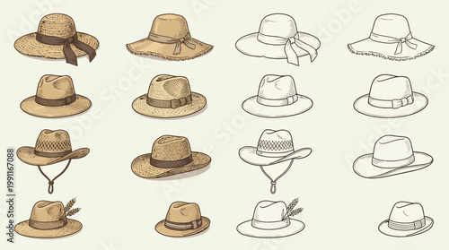 A collection of various styles of hats, including sun hats, fedoras, and cowboy hats, all rendered in a sketch art style.