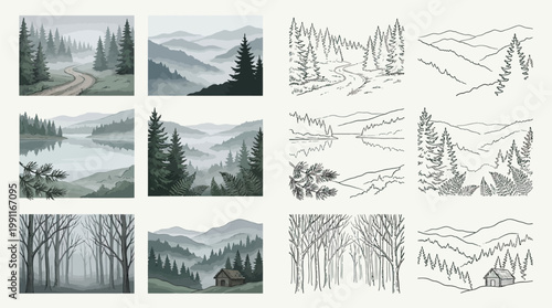 A collection of watercolor and line art illustrations depicting serene forest landscapes with misty mountains, winding roads, tranquil lakes, and rustic cabins.