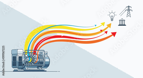 Conceptual illustration of power generation and distribution. Generator produces electricity, sending energy to grid and community infrastructure.