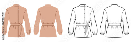 Cossack style blouse with high neckline, front button closure long sleeves gathered cuffs defined waist shaping with belt detail. Technical fashion illustration in black white color, front back views