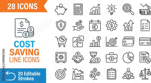 cost saving line icons set with finance and budget themes flat design vector illustration