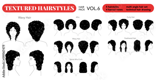 Textured hairstyles technical drawing set with labeled afro, ringlets, wavy, curly and feathered styles, black and white diagrams for professional reference