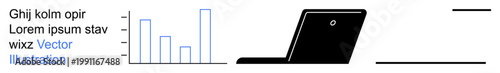 Data analytics, business growth, digital tools, online education, remote work, presentation. Minimal bar graph beside a laptop icon. Data analytics and business growth ion