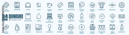Dishwasher icons set. Household appliance for washing utensil,  clean dishes, dishware flat vector set