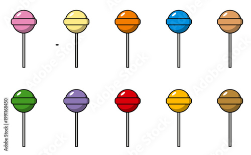 Paletas chupetines. Ilustración en colores. Conjunto de Icono de golosinas y caramelos. Vector para tiendas, kioscos, app, folleto y otros.