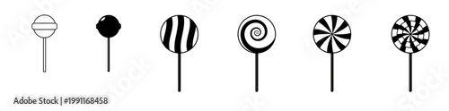 Paletas Chupetines. Ilustración en blanco y negro. Conjunto de Icono de golosinas y caramelos. Vector para tiendas, kioscos, app, folleto y otros.