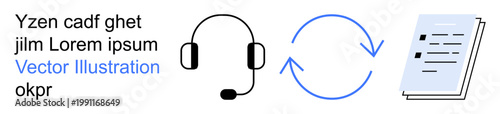 Customer service, file sharing, communication tools, technical support, documentation, workflow optimization. Headset, arrows and documents on white background. Customer service and file sharing
