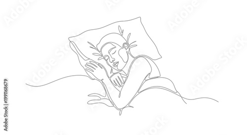 Continuous line art of a person sleeping peacefully on a pillow, embracing a calm and tranquil moment of rest in a minimalistic artistic style