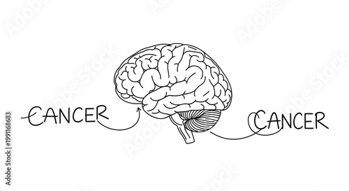Continous line art of the human brain with the word cancer written on either side, depicting brain cancer and its potential impact on cognitive function