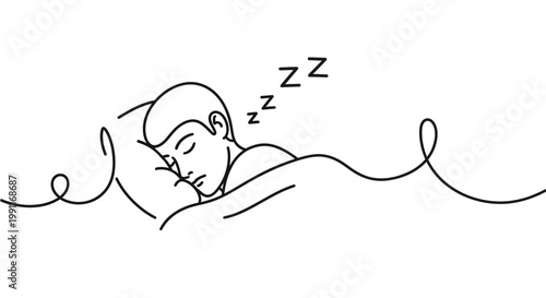 Line art illustration of a person sleeping peacefully on a pillow under a blanket, with Zzz symbols indicating sleep