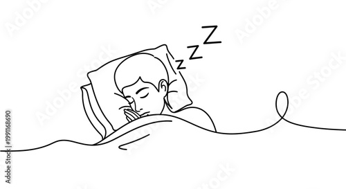 A peaceful scene of a person sleeping soundly under the covers, with 'zzz' indicating they are in a deep slumber, rendered in a continuous line art style