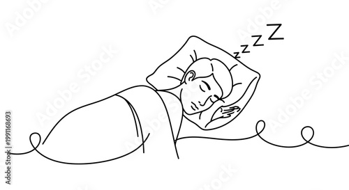 Simple continuous line art illustration of a person sleeping peacefully, embraced by the comfort of their bed and a soft pillow, with 'Zzz' indicating slumber