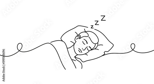 A person sleeping peacefully on a pillow, with "Zzz" indicating sleep and rest, illustrated in a continuous line art style
