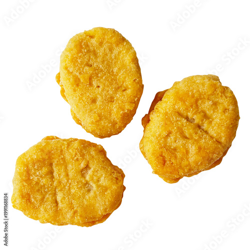Fotografia チキンナゲット 3個の切り抜き。お弁当・パーティー・サイドメニュー用の食材 (Three chicken nuggets isolated