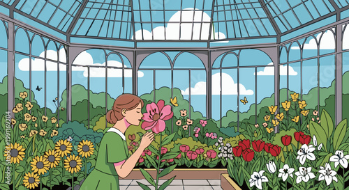 Woman smelling pink flower in sunny botanical garden conservatory