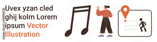 Music, navigation, entertainment, journey, communication, location pinpoint. a musical note, a locator icon with a path and a person gesturing. Music and navigation concept