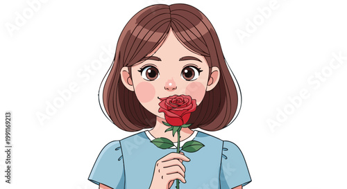 Cute anime girl holding red rose flower. Vector illustration of young woman with brown hair looking at camera