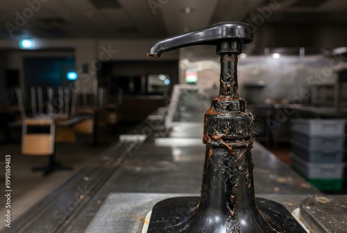 Close-up of dispenser pump heavily coated with dried ketchup layers