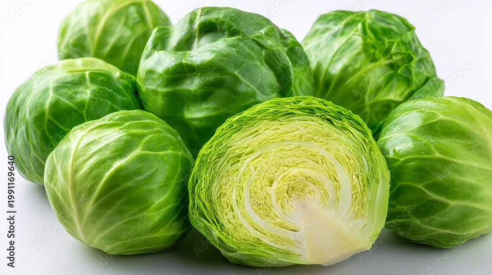 Fototapeta premium Fresh Cabbages Arranged in a Stylish Repeating Pattern on White Surface