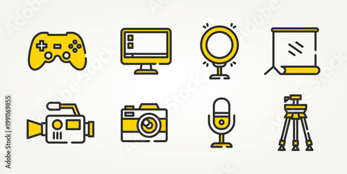 minimalist set of youtube content creator & streaming line art icons vector illustration design. camera, microphone, live streaming and more
