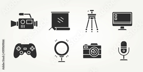 minimalist set of youtube content creator & streaming silhouette flat icons vector illustration design. camera, microphone, live streaming and more