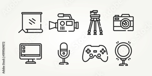minimalist set of youtube content creator & streaming line art icons vector illustration design. camera, microphone, live streaming and more